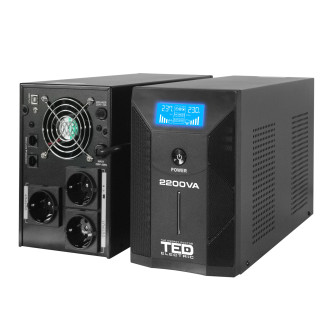 UPS TED 2200VA/1250W, stabilointi ja hallinta, LCD näyttö, 3x Schuko ja 4x akku 12V 7Ah